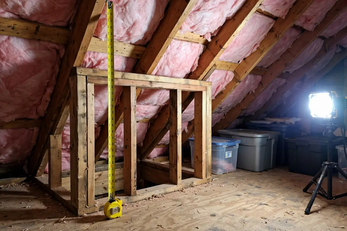 Tape measure extended against a short attic kneewall where the sloped roof meets the floor.