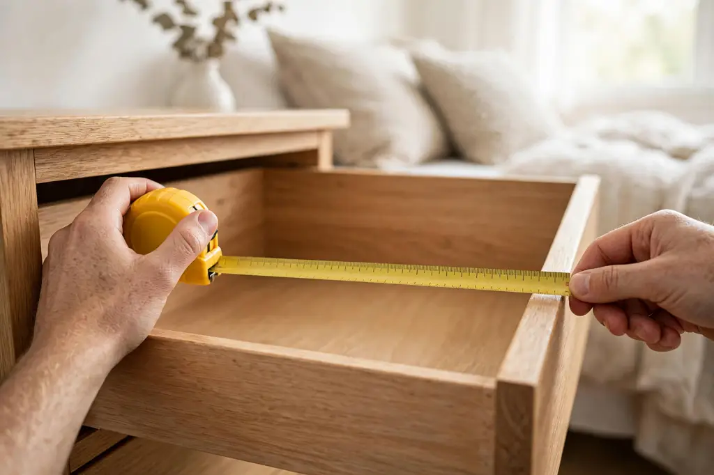 Measuring the inside of a nightstand drawer with a tape measure