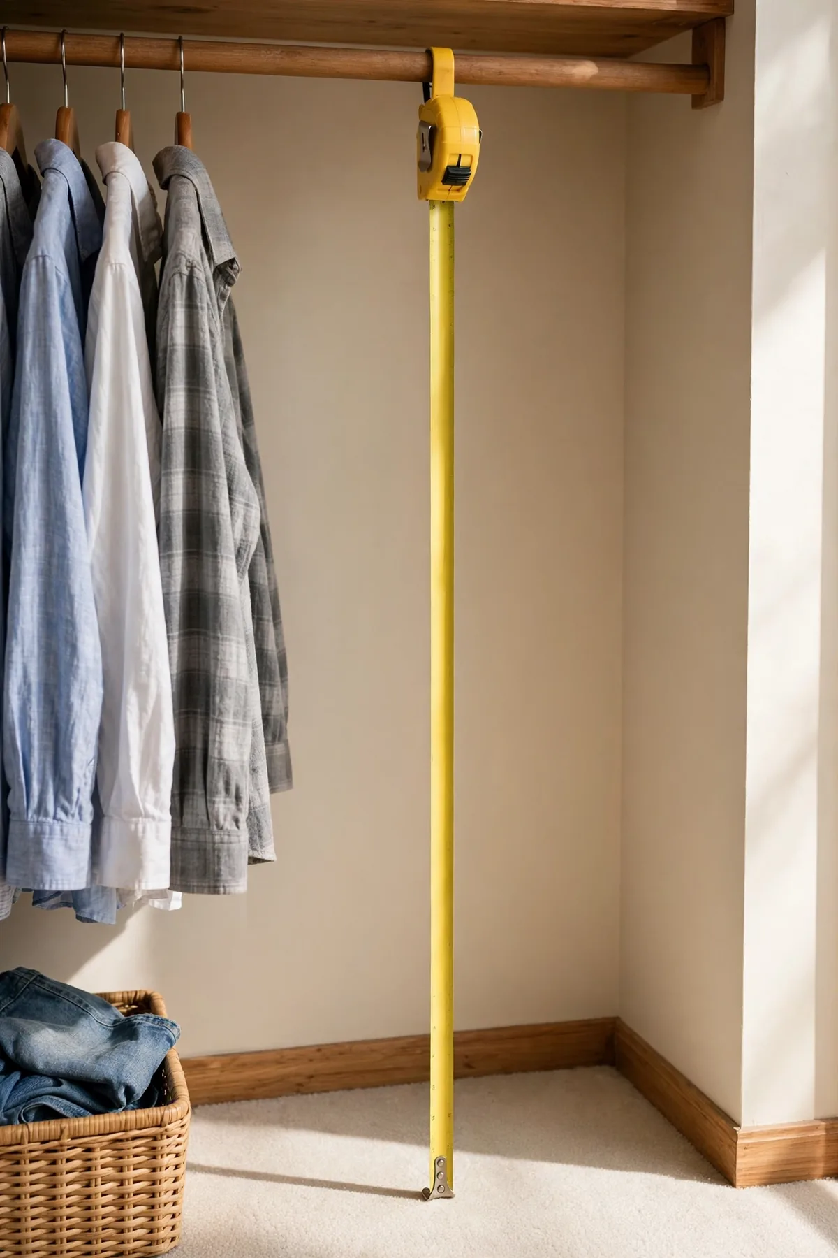 Measuring the rod-to-floor drop in a closet with a tape measure.