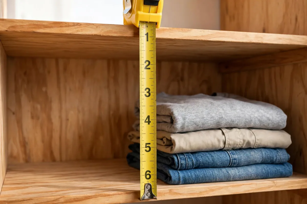 Measuring fourteen inches of space between two closet shelves.