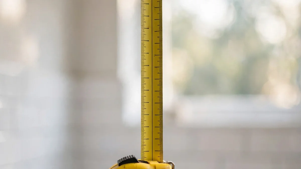 Yellow tape measure extended above a white toilet tank showing vertical clearance