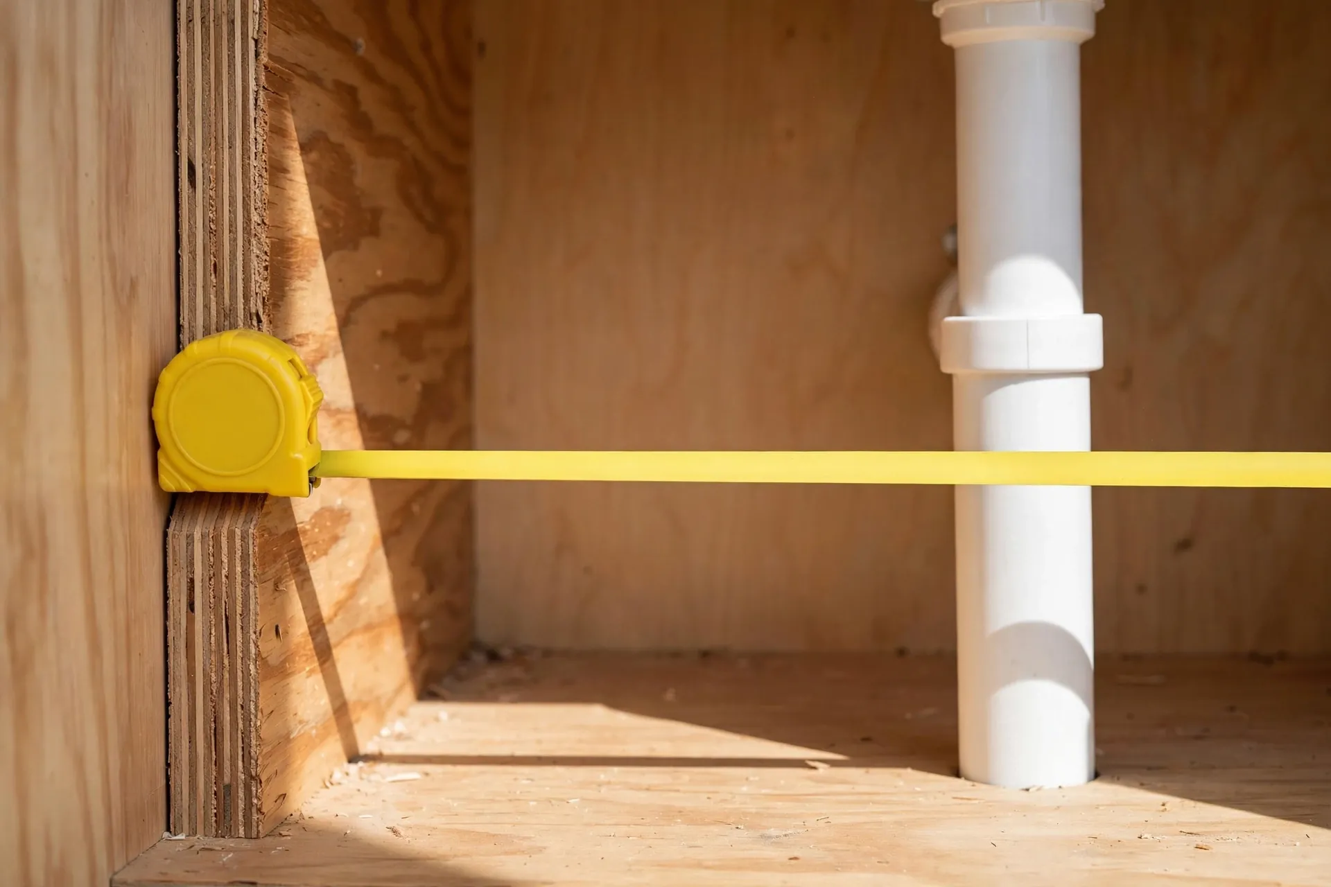 Measuring the clear space beside the drain pipe inside a bathroom sink cabinet with a tape measure