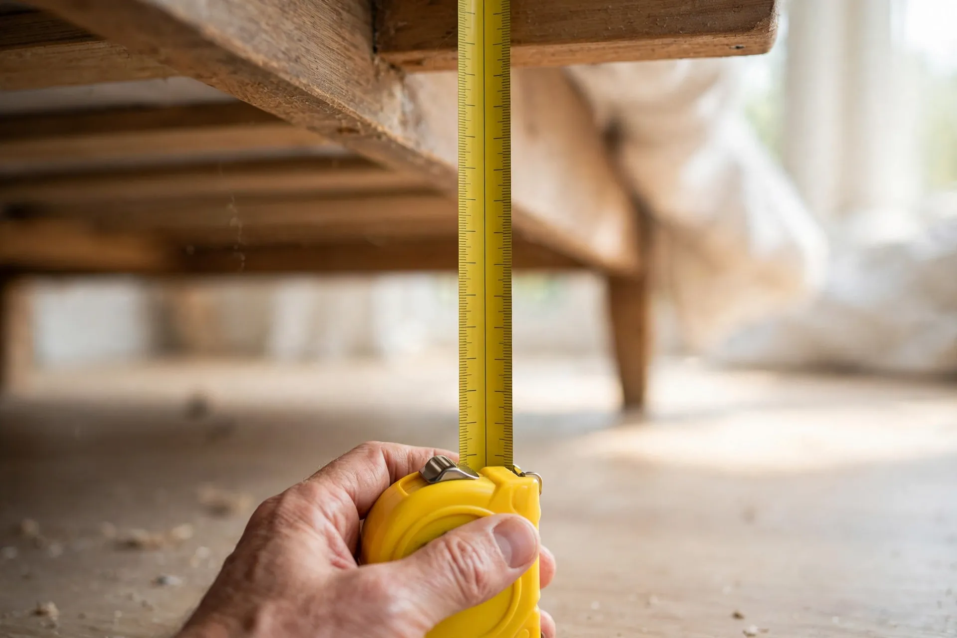 Measuring under-bed clearance with a tape measure from floor to bed slat