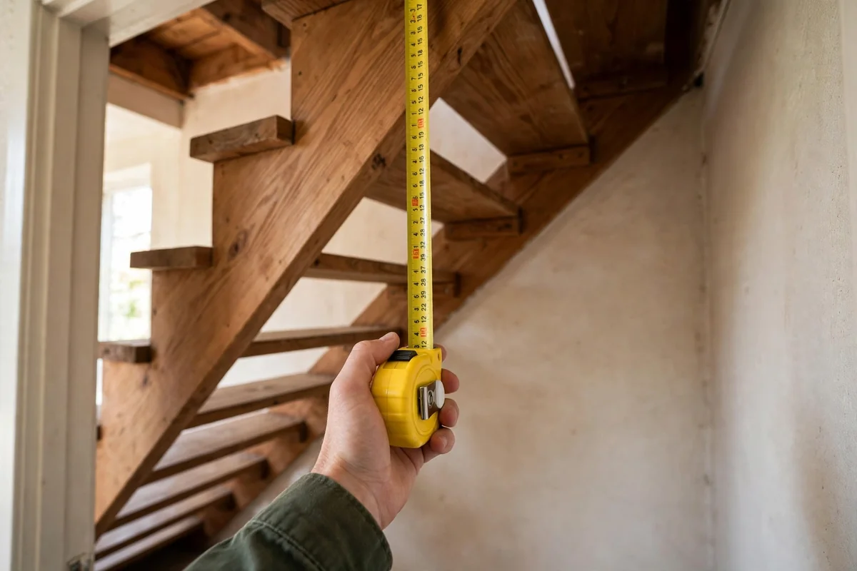 Tape measure measuring the height of an empty under-stair void at the tall end