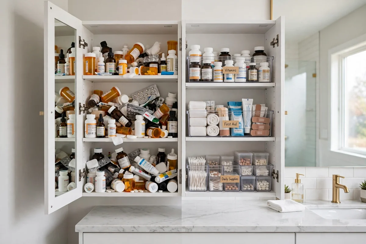 Medicine cabinet organization before and after: cluttered cabinet transformed with clear bins