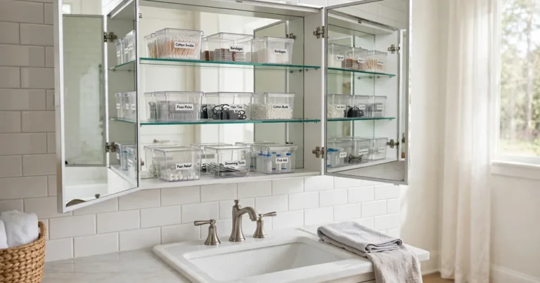 Medicine cabinet organization: open medicine cabinet with clear labeled bins on every shelf