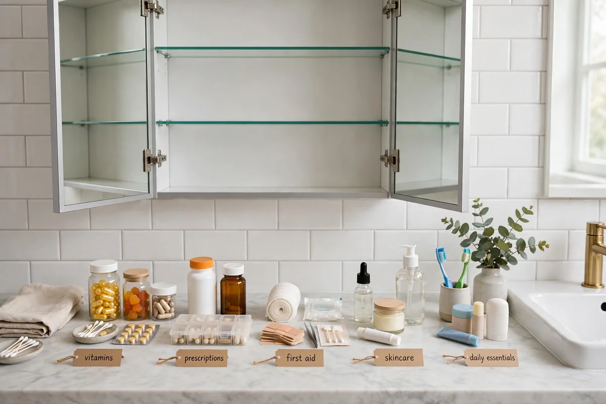 Medicine cabinet items sorted into five neat groups on a bathroom counter