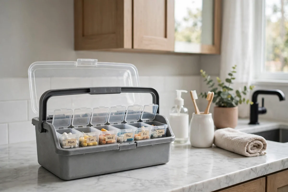 Portable lidded caddy with handle holding organized medication bins