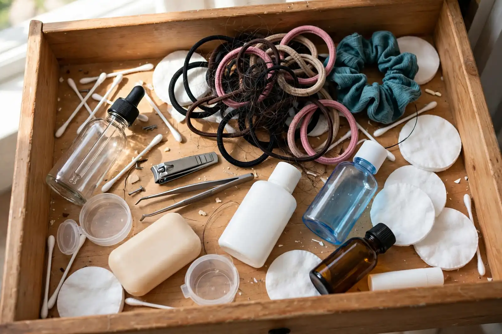 A cluttered bathroom drawer before organizing: the starting point for a bathroom drawer organization project.