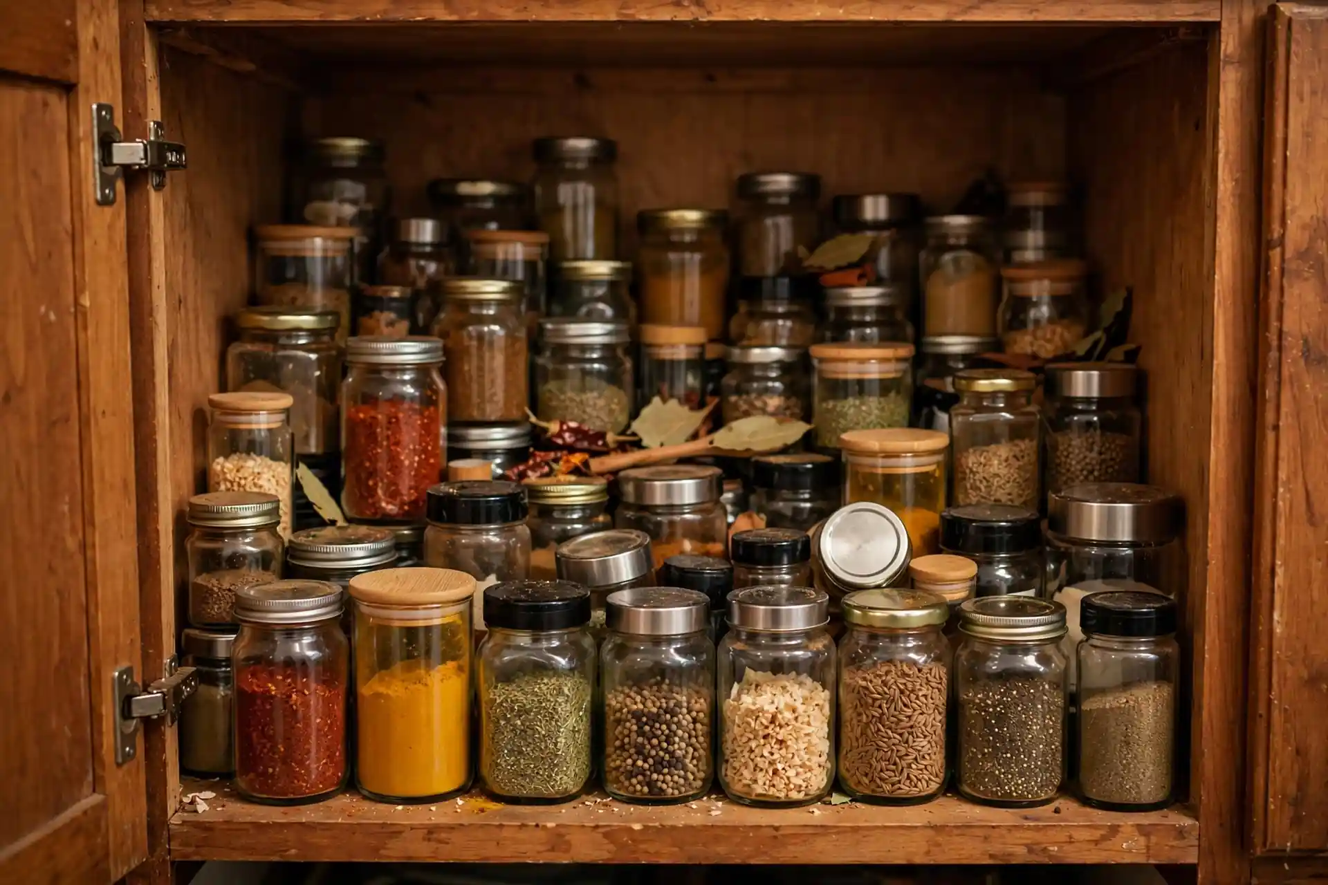 Crowded messy spice cabinet with mismatched jars stacked two deep before organizing