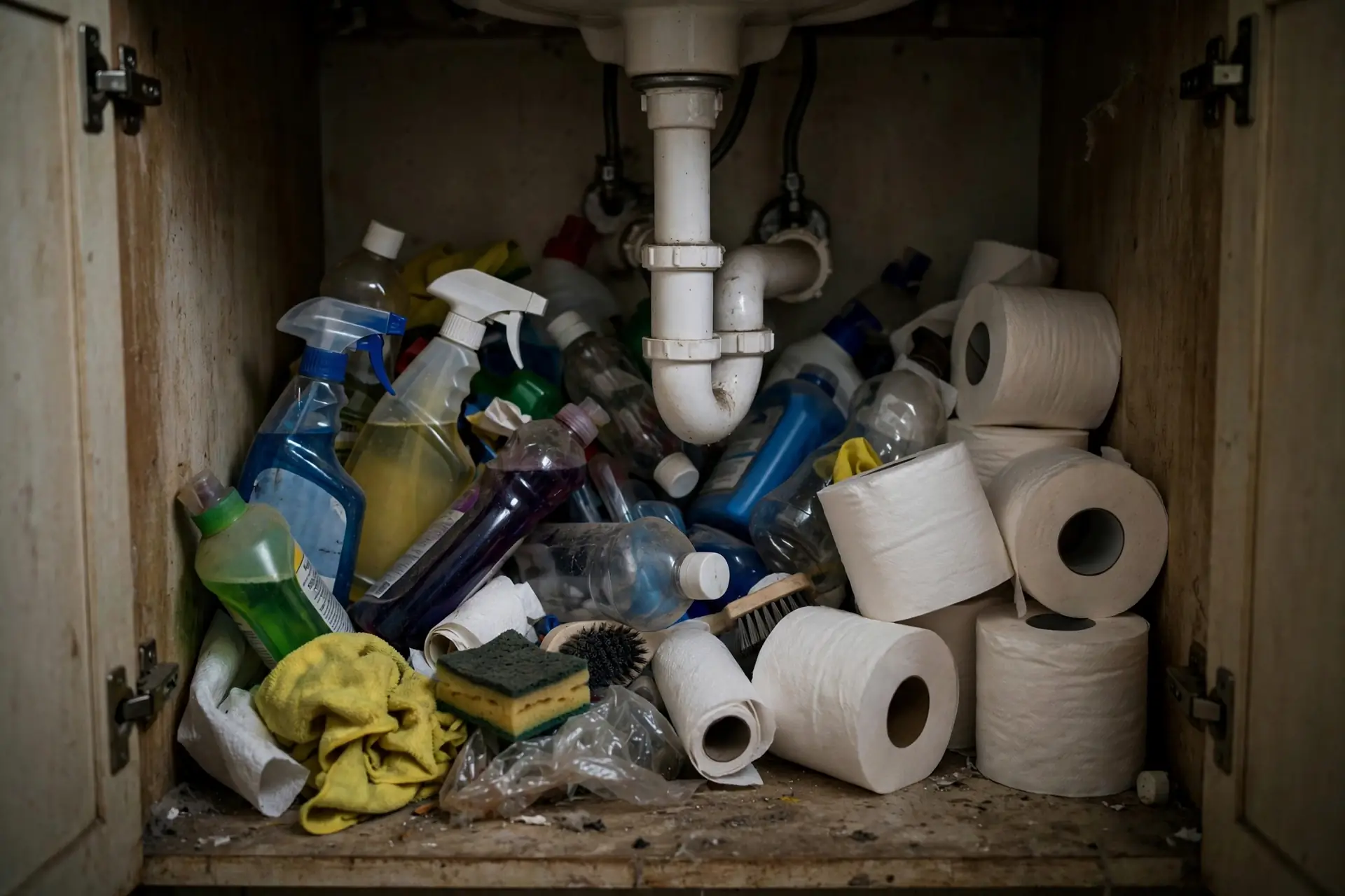 Cluttered under bathroom sink cabinet before organizing, with bottles piled around the drain pipe