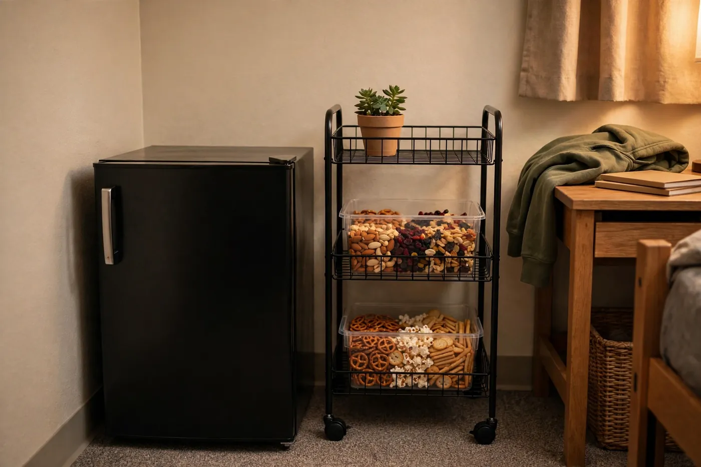 Rolling cart beside a mini fridge used as a dorm snack and supply station