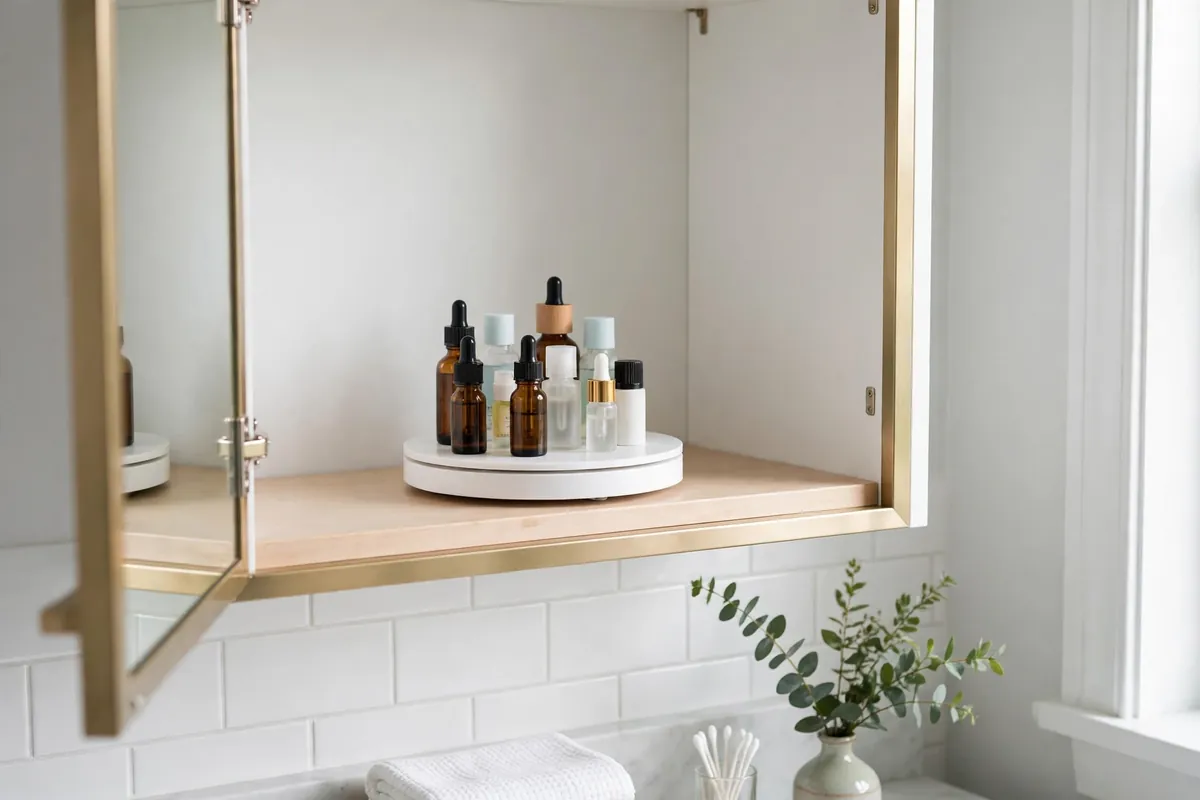 Small round turntable organizer with bottles on a medicine cabinet shelf
