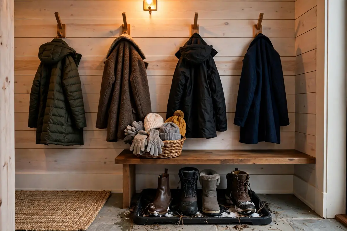 Organized mudroom with winter coats, boots, and a basket for gloves and hats