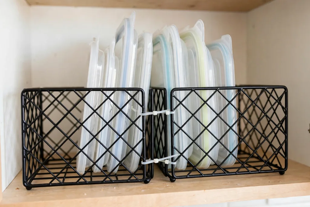 Two wire napkin holders fastened together on a shelf with food container lids filed upright between them