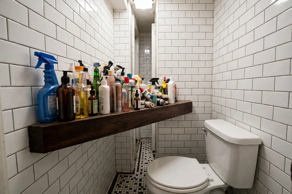 A narrow bathroom showing a shelf that is too deep blocking the walkway, illustrating a common small-bathroom shelf mistake