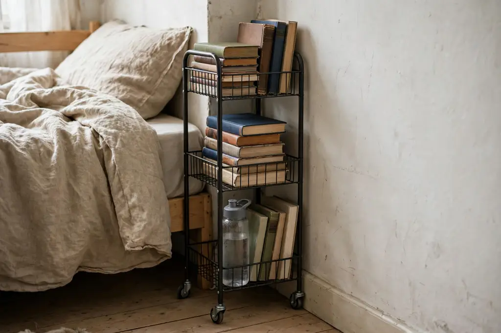 Narrow rolling cart in a tight gap beside a bed