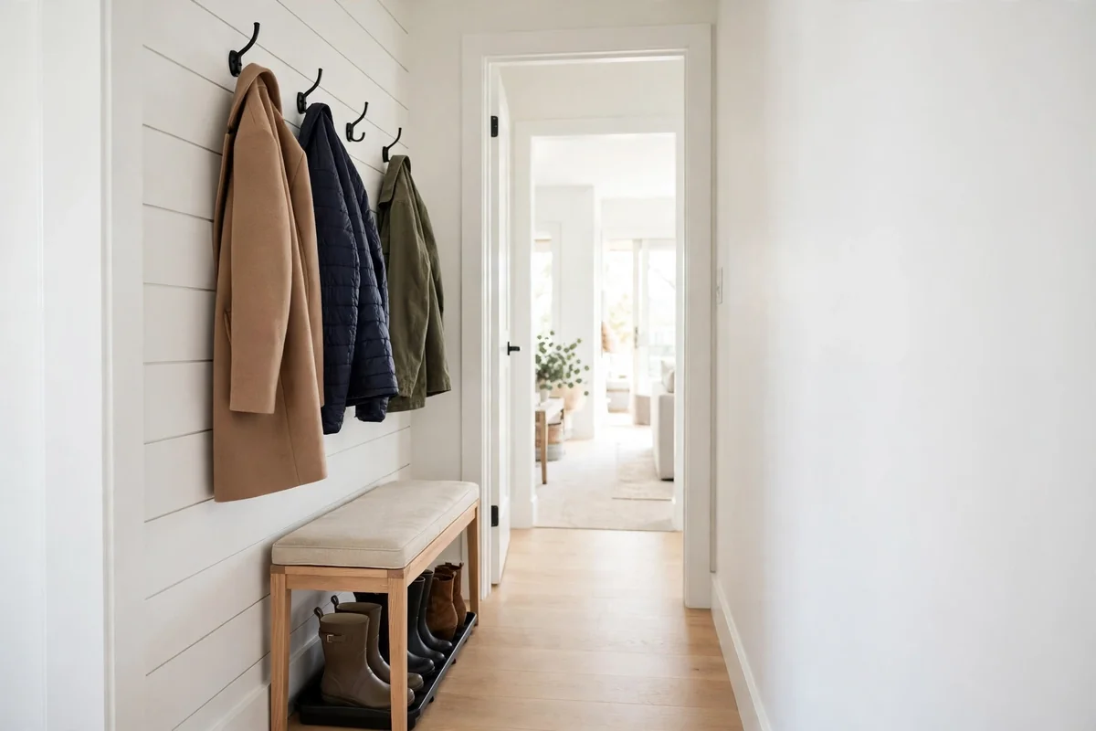 Narrow entryway with a slim storage bench, coats on hooks above, and boots under the bench