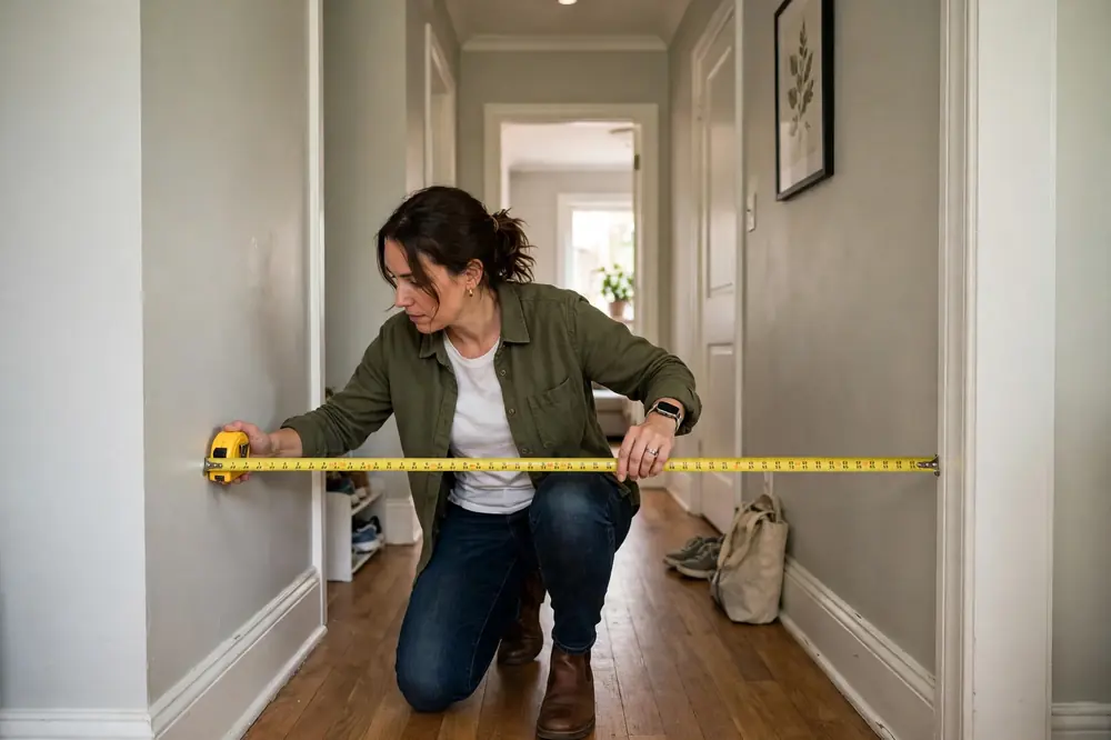 Person measuring hallway width with a tape measure
