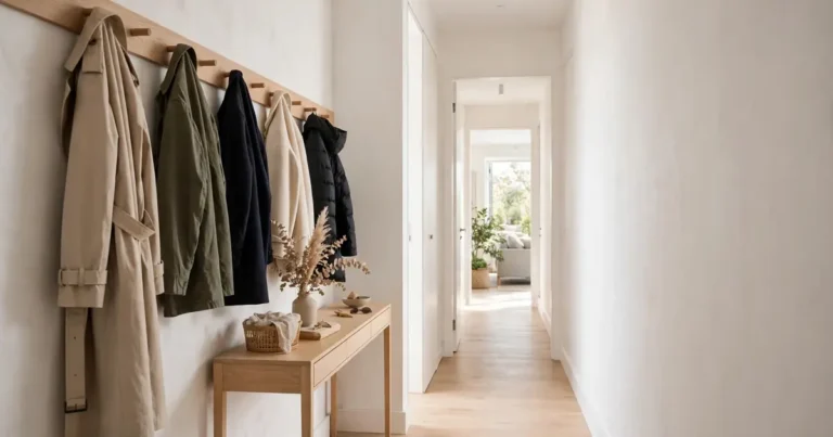 Narrow hallway storage ideas: slim console, wall hooks, and a clear walkway