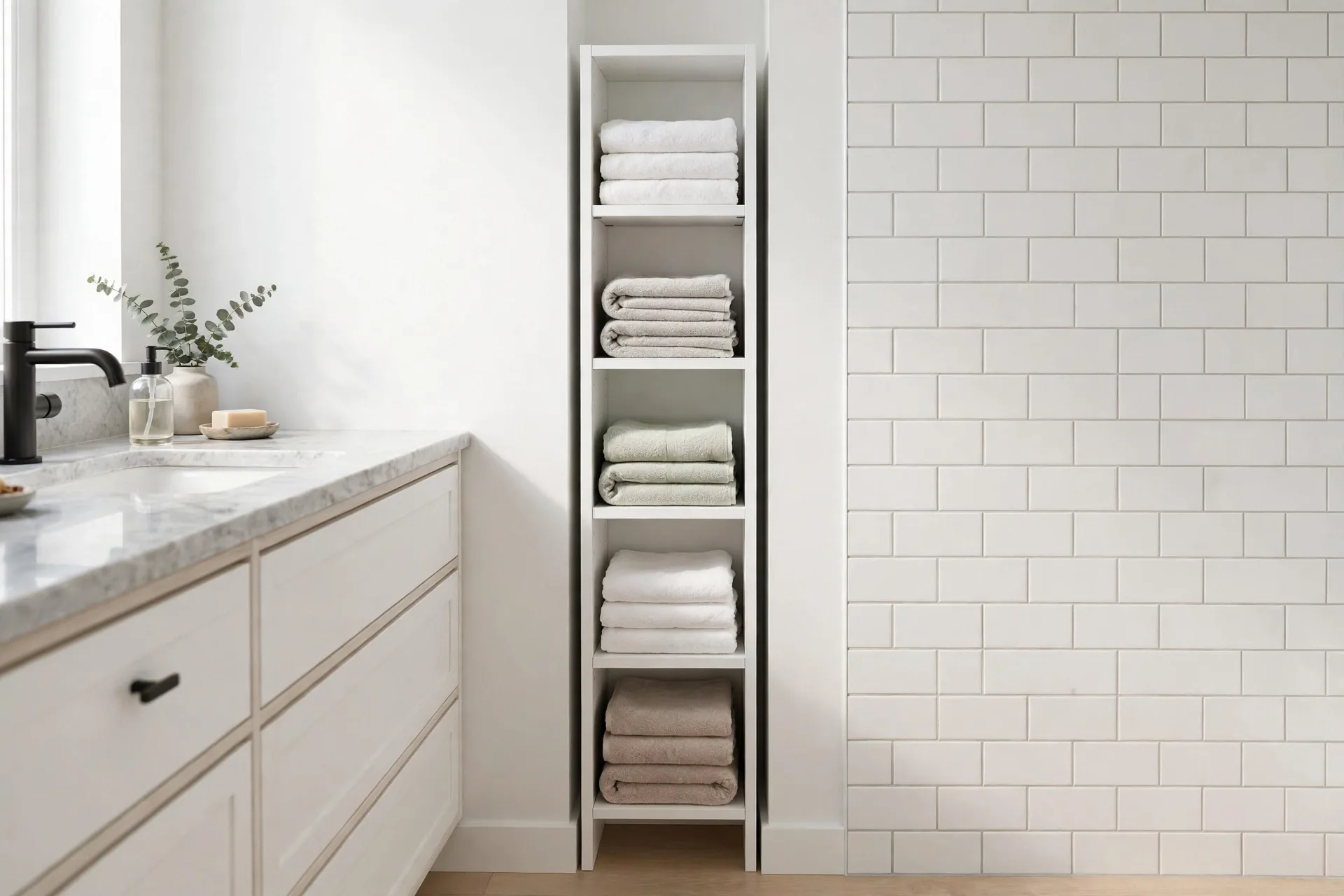 Narrow storage tower with folded towels between a bathroom vanity and wall