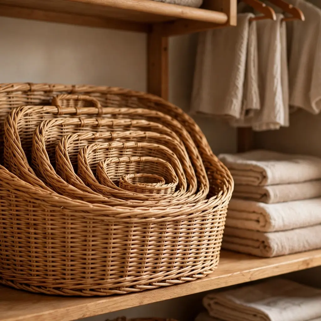 Nesting storage baskets in descending sizes arranged on a closet shelf