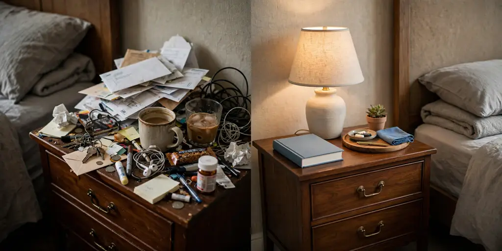 Nightstand organization ideas: cluttered nightstand before organizing and tidy nightstand after