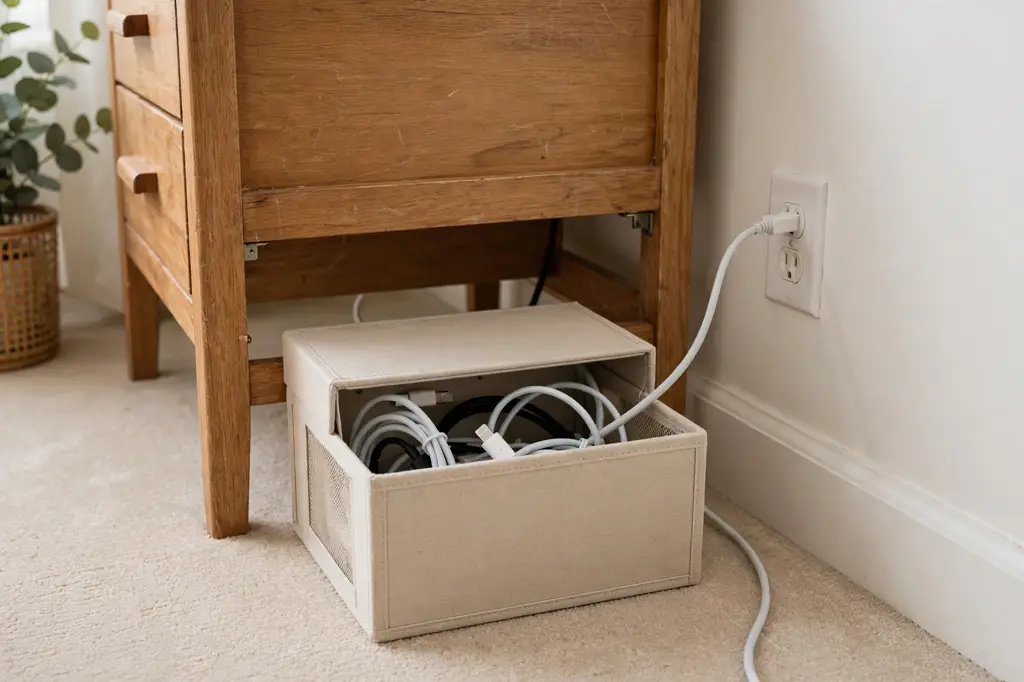 Cable management box behind a nightstand hiding charger cords
