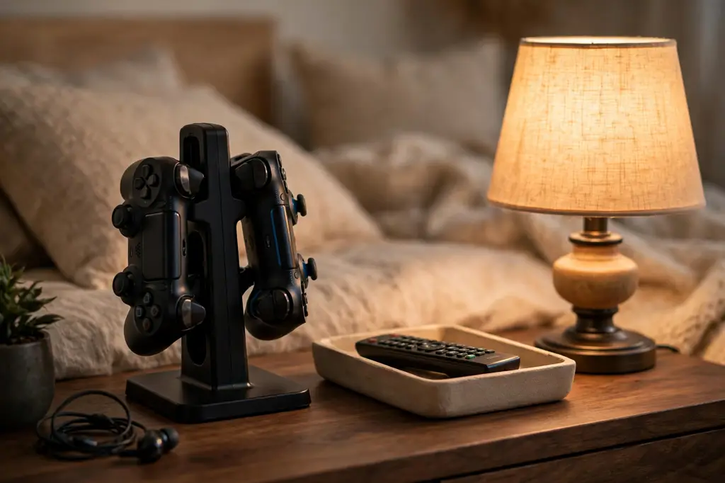Game controllers and remote in a tray on a nightstand