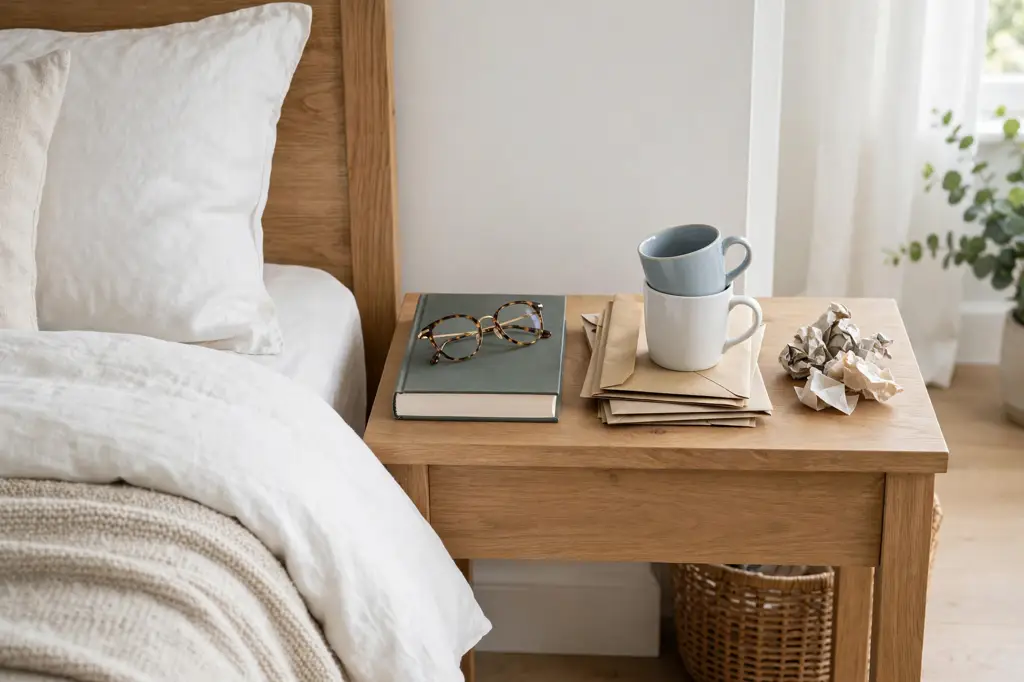 Nightstand items sorted into keep, relocate, and trash piles on a bed