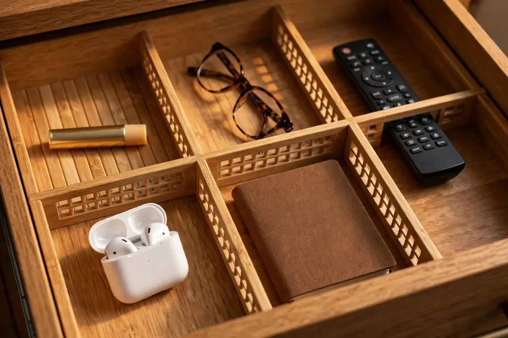 Open nightstand drawer with bamboo dividers organizing small items