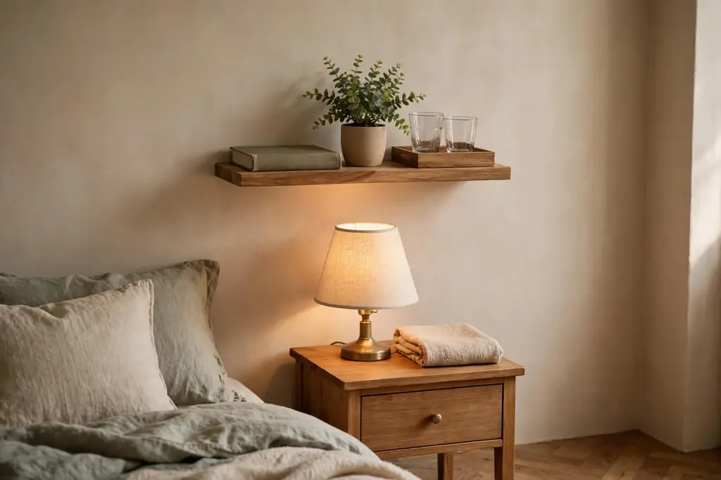 Floating wall shelf above a nightstand holding a book and tray