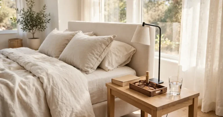 Organized nightstand with lamp, tray, book, and water beside a bed