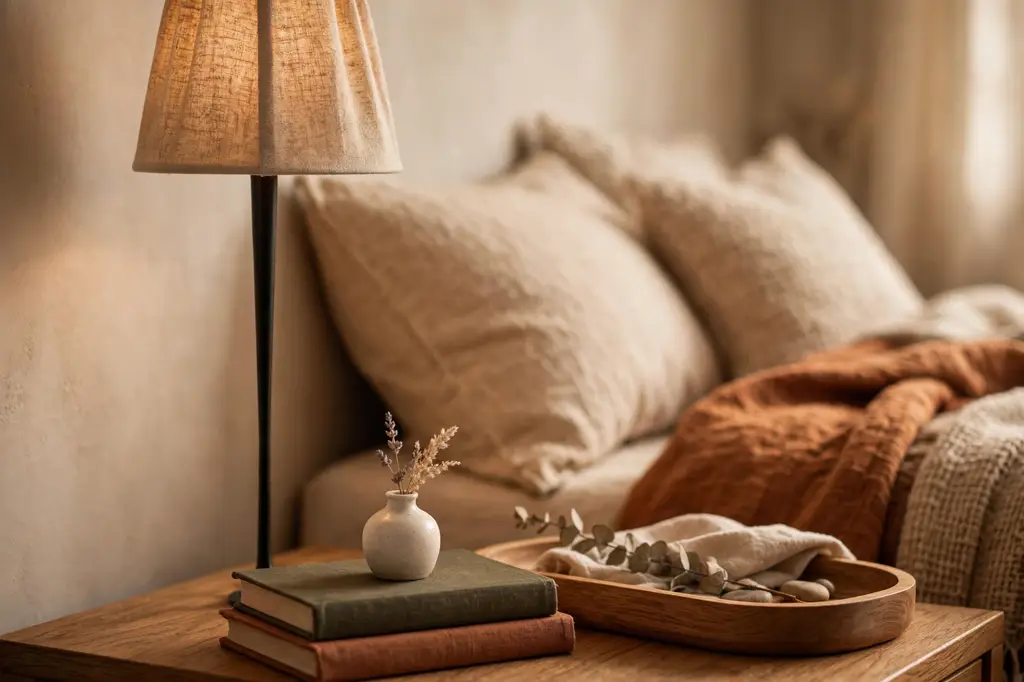 Nightstand styled with lamp, tray, and books at different heights
