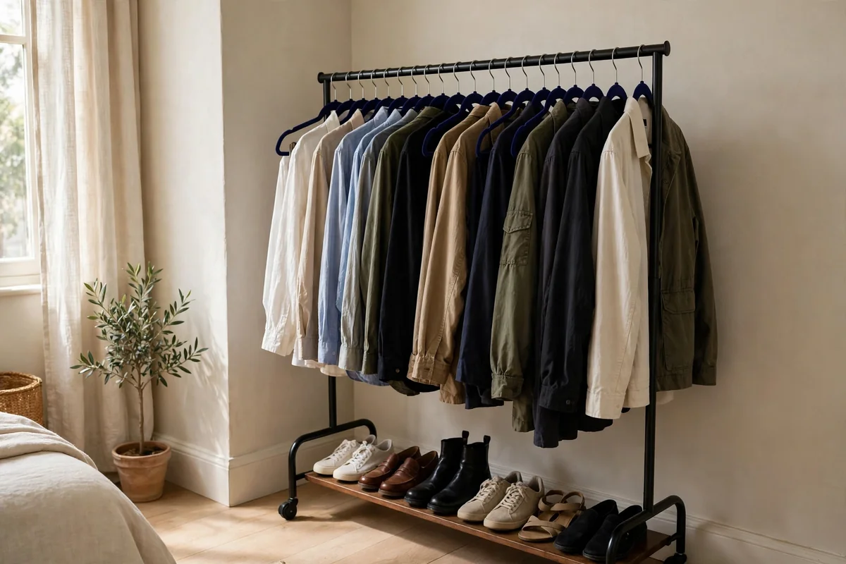 Rolling garment rack holding a capsule wardrobe of neatly hung shirts and jackets on matching hangers in a small bedroom
