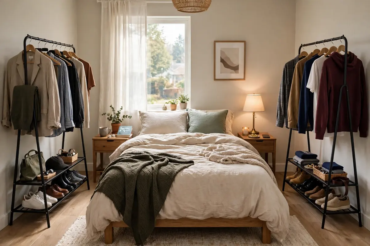 Bedroom shared by a couple with two separate narrow garment racks, one for each person