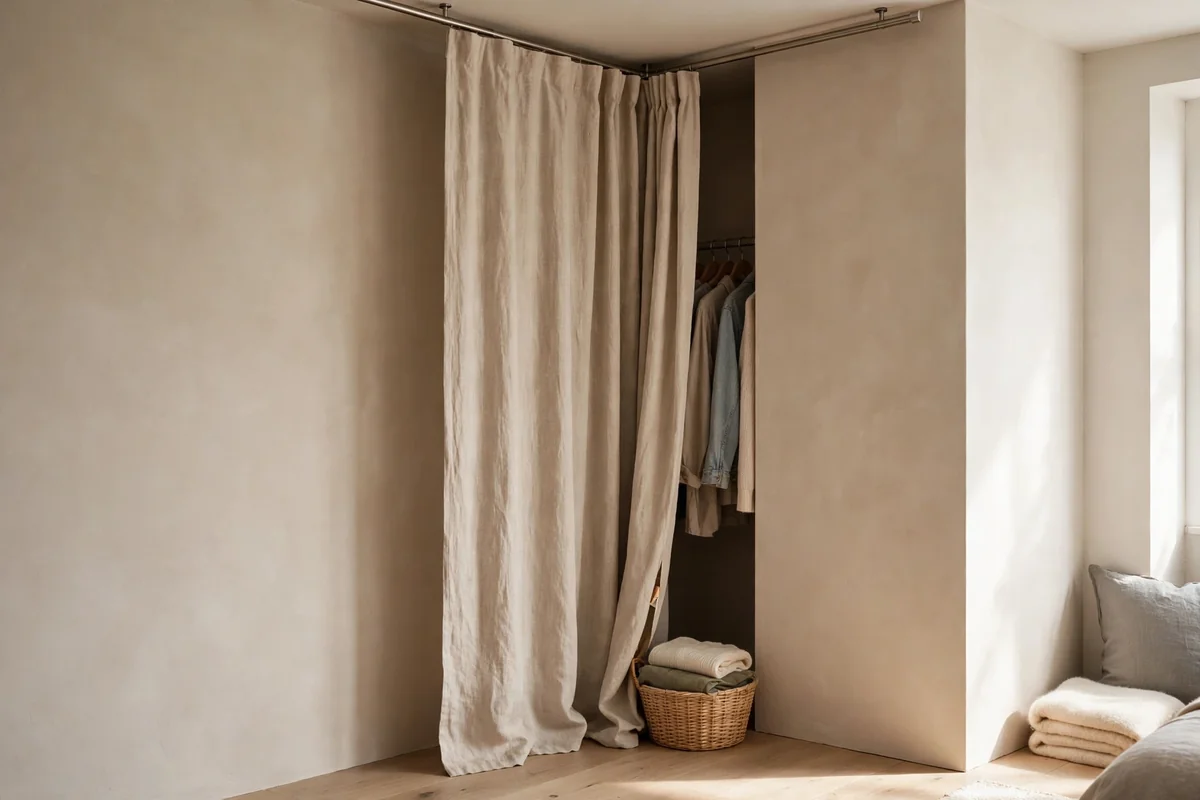Bedroom corner turned into a curtain closet with a linen curtain hiding a hanging rod and clothes