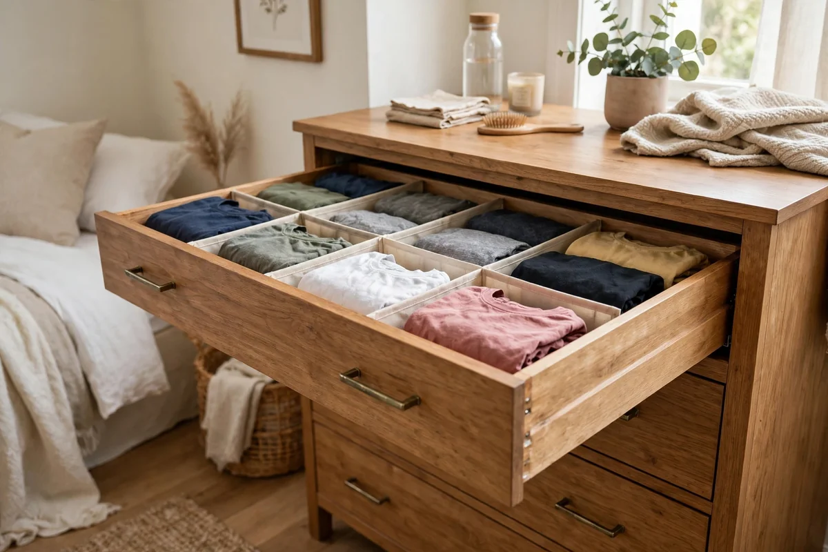 Dresser drawer with fabric dividers organizing folded t-shirts filed upright like files