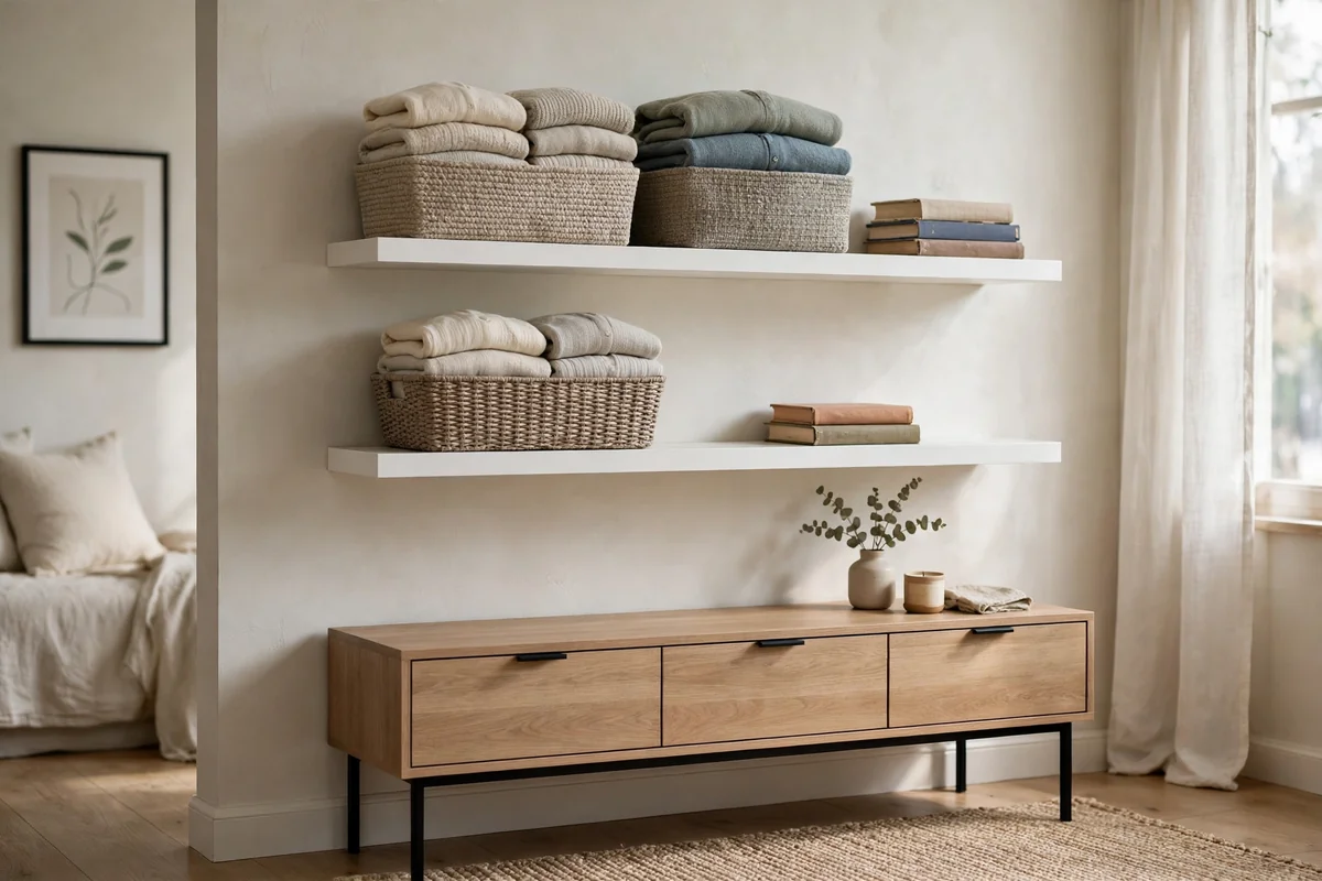 Floating shelves in a bedroom holding folded sweaters in fabric baskets above a slim dresser