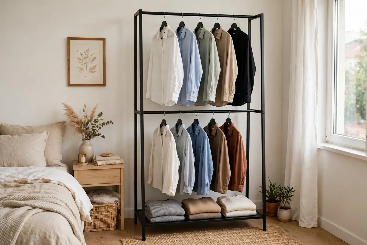 Freestanding garment rack with double hanging rods holding shirts on matching hangers and folded sweaters below