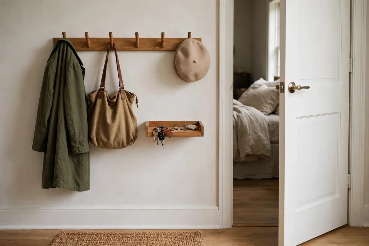 Wooden peg rail with hooks by a bedroom door holding a coat, a bag, and a hat
