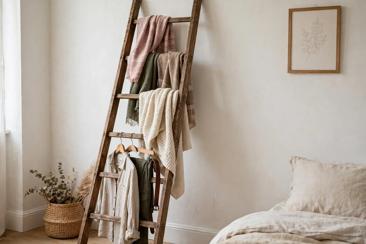 Wooden ladder leaning against a bedroom wall holding scarves, a throw blanket, and tomorrow outfit