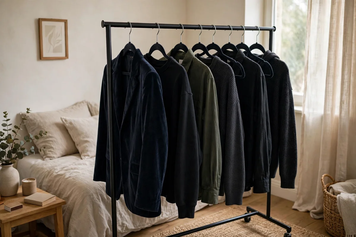 Garment rack with clothes all on matching dark velvet hangers in a small bedroom