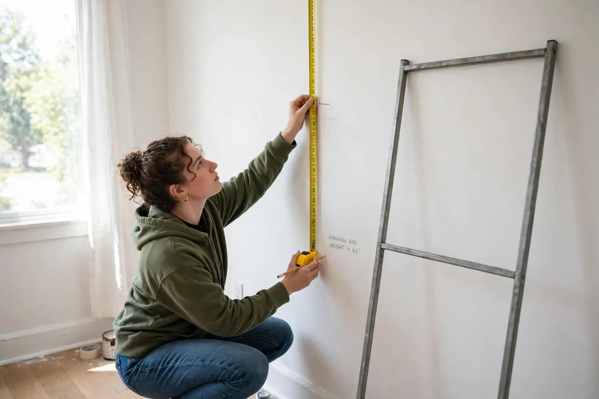 Measuring a bedroom wall with a tape measure to plan hanging rod height for a bedroom with no closet