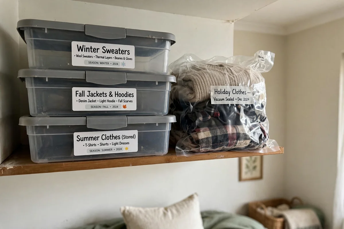 Labeled lidded storage bins for seasonal clothes stacked on a high bedroom shelf