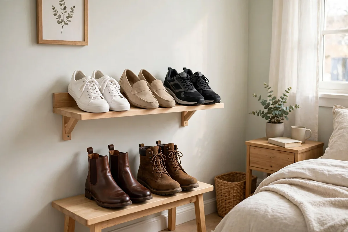 Shoes neatly arranged on a wall-mounted shelf in a small bedroom with no closet
