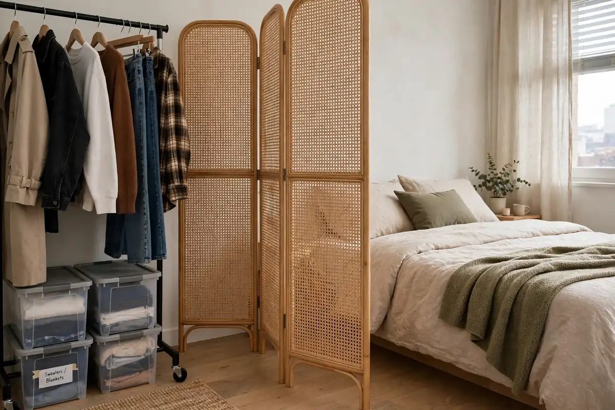 Small studio bedroom zone separated by a room divider with a rolling garment rack and under-bed bins