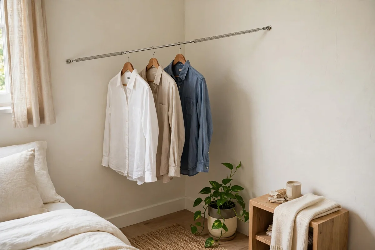 Tension rod across a bedroom wall corner holding shirts on hangers without drilling