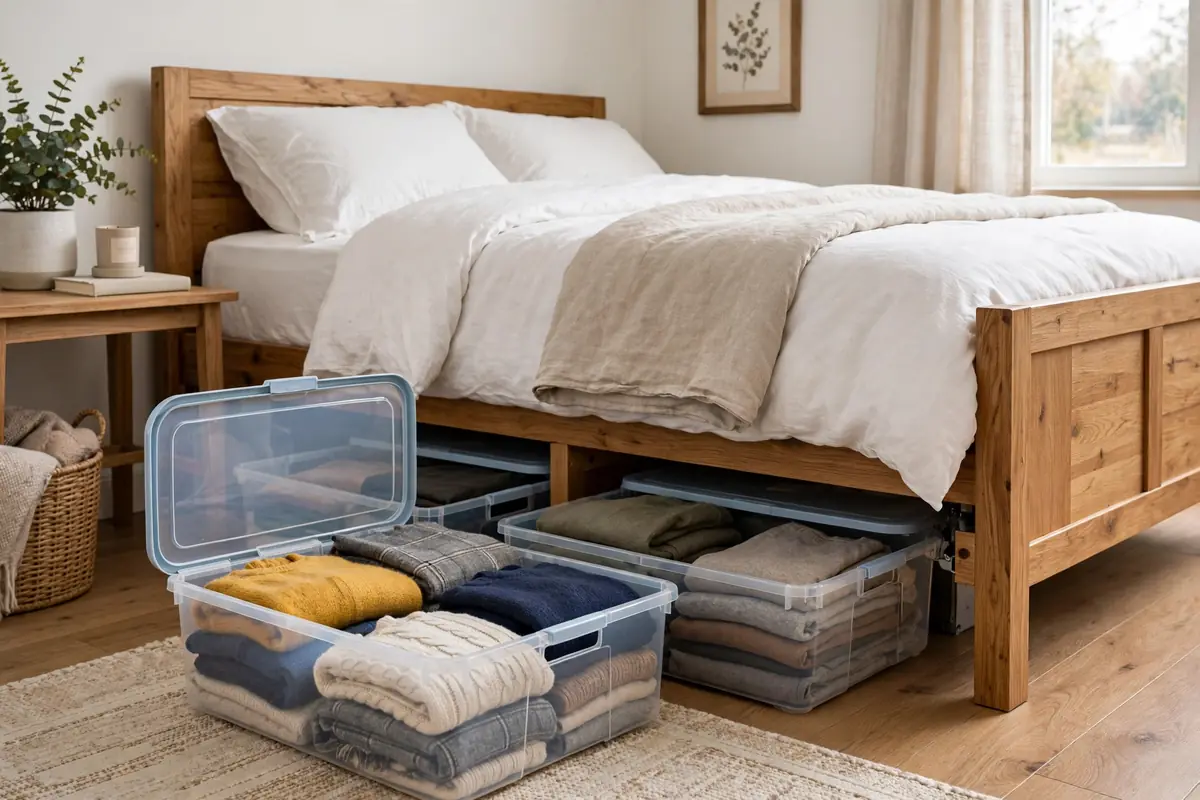 Lidded under-bed storage bins sliding out from under a bed frame holding folded off-season clothes