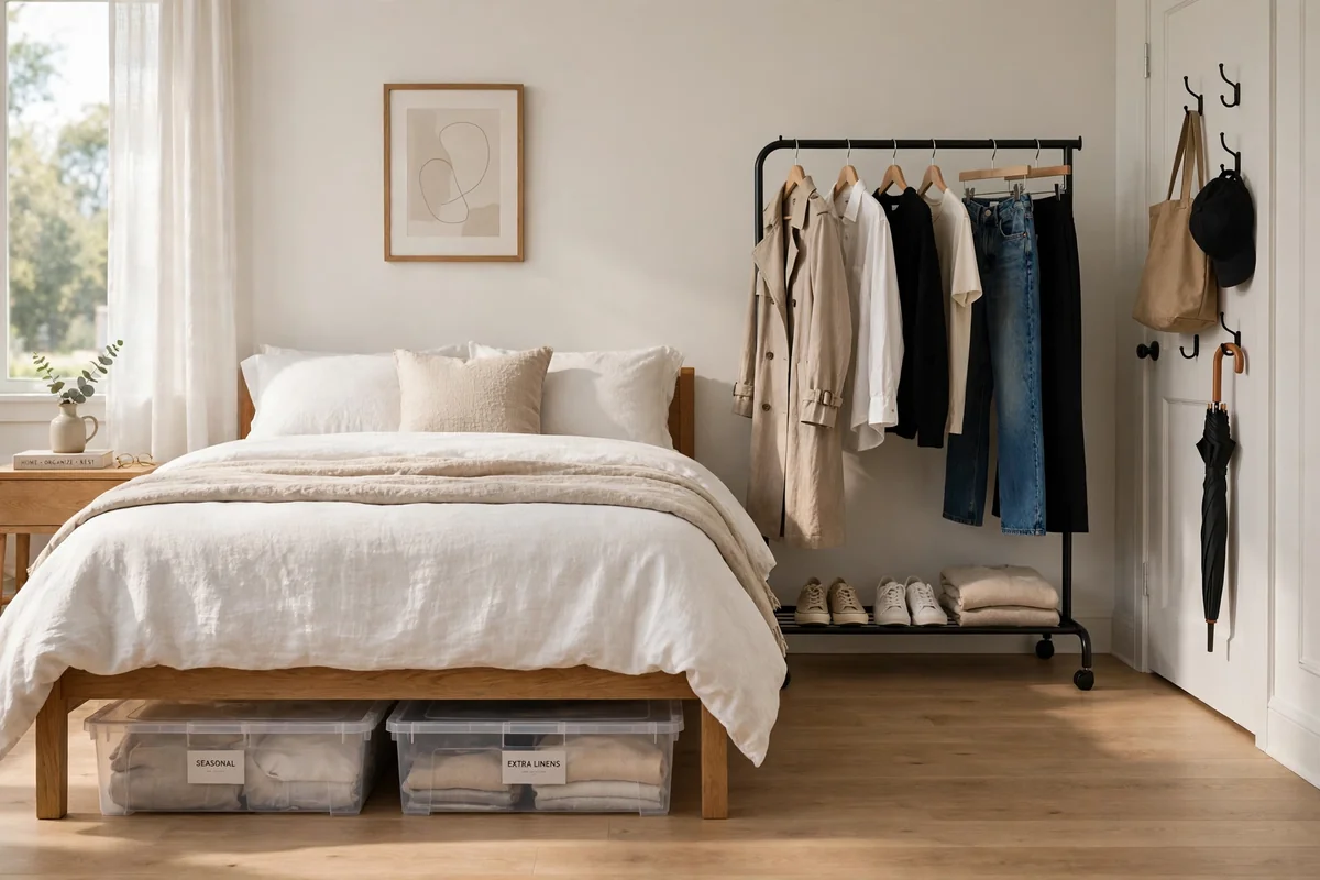 Tidy bedroom after a weekend organization setup with a garment rack, hooks by the door, and under-bed bins
